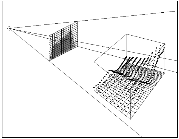 它的核心思想和步骤在于将网格离散化成大小相等的3D体素，然后根据分辨率大小从摄像机位置向每个像素位置发射一条光线和3D体素相交测试，从而渲染出高度场的轮廓。而高度场的轮廓将屏幕划分为高度场覆盖区域和高度场以上区域的分界线